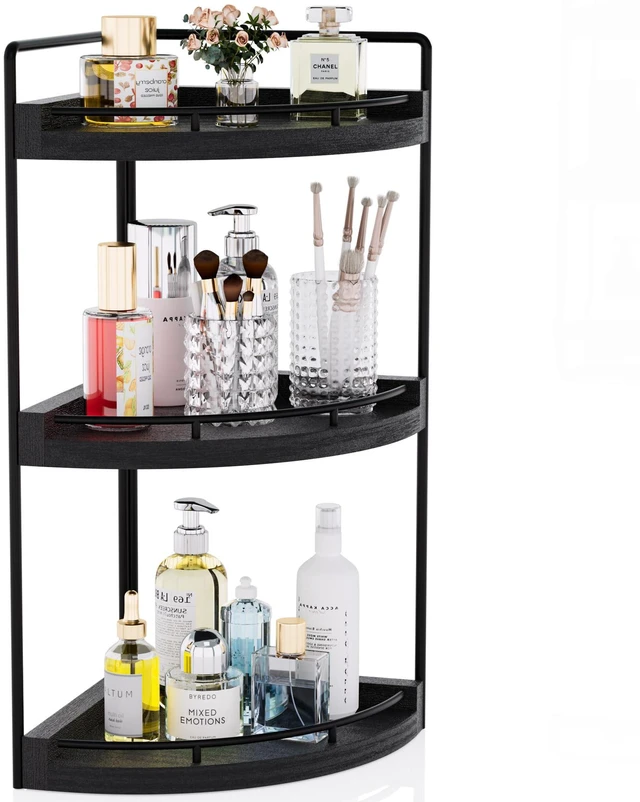 Main image of Corner Bathroom Counter Organizer, 3 Tier Bathroom Sink Shelf | Countertop Vanity Skincare Storage, Wood Shelves for Kitchen, Toiletries Decor, Makeup, Dresser, Gift(Black)
