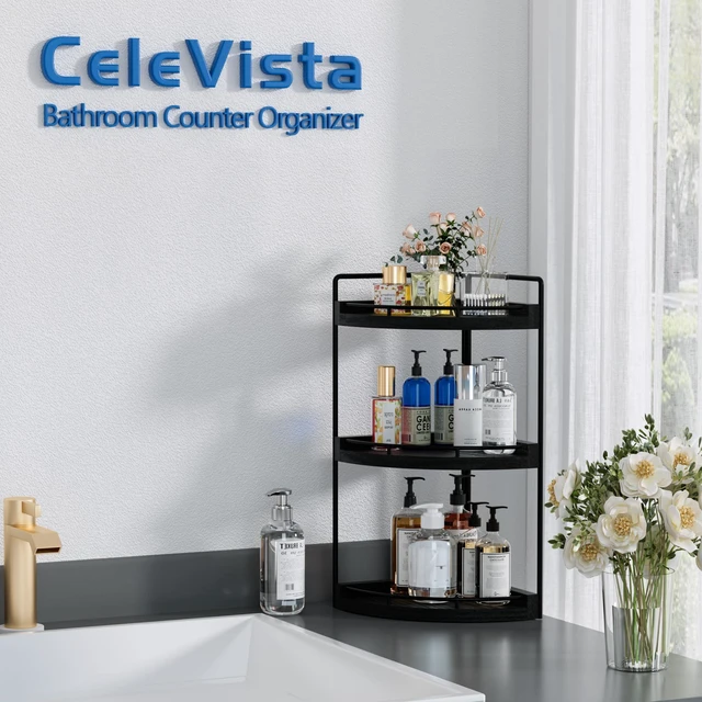 Alt view image 2 of 7 - Corner Bathroom Counter Organizer, 3 Tier Bathroom Sink Shelf | Countertop Vanity Skincare Storage, Wood Shelves for Kitchen, Toiletries Decor, Makeup, Dresser, Gift(Black)