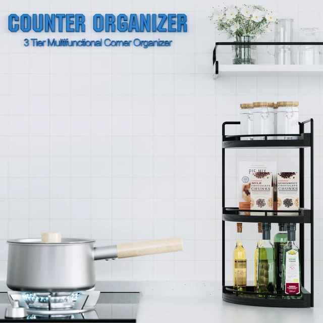 Alt view image 6 of 7 - Corner Bathroom Counter Organizer, 3 Tier Bathroom Sink Shelf | Countertop Vanity Skincare Storage, Wood Shelves for Kitchen, Toiletries Decor, Makeup, Dresser, Gift(Black)