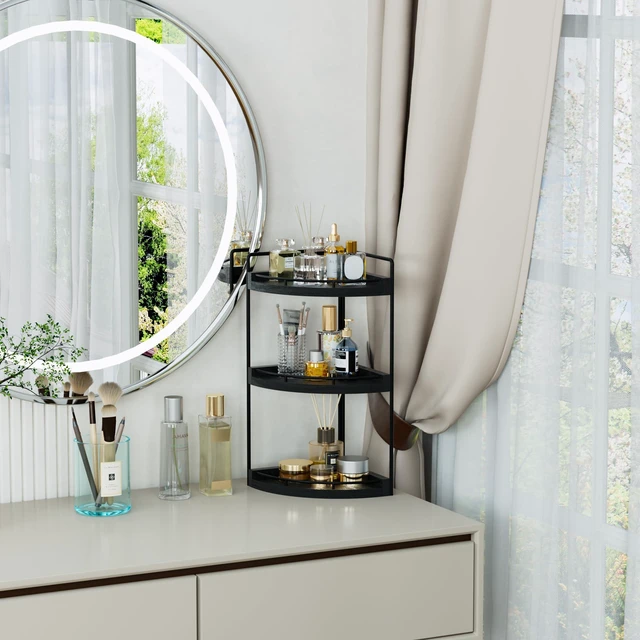 Alt view image 7 of 7 - Corner Bathroom Counter Organizer, 3 Tier Bathroom Sink Shelf | Countertop Vanity Skincare Storage, Wood Shelves for Kitchen, Toiletries Decor, Makeup, Dresser, Gift(Black)