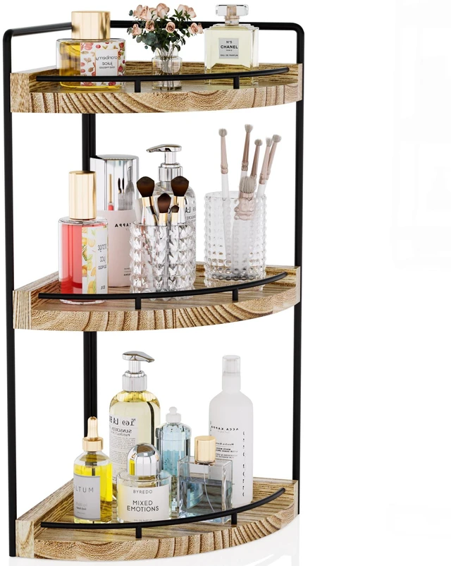 Main image of Corner Bathroom Counter Organizer, 3 Tier Bathroom Sink Shelf | Countertop Vanity Skincare Storage, Wood Shelves for Kitchen, Toiletries Decor, Makeup, Dresser, Gift(Rustic Brown)