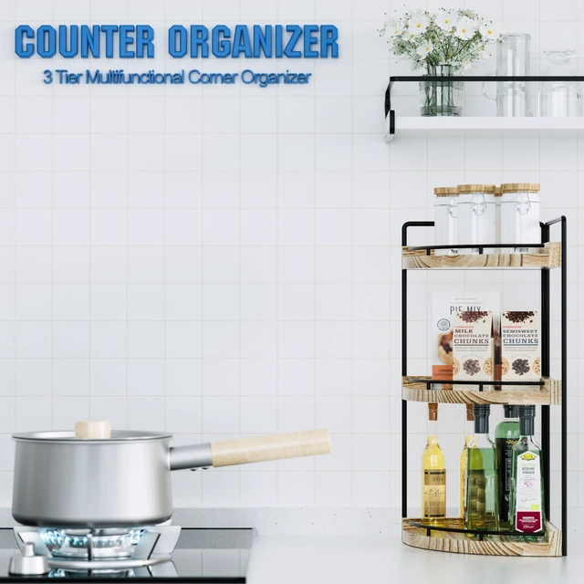 Alt view image 5 of 7 - Corner Bathroom Counter Organizer, 3 Tier Bathroom Sink Shelf | Countertop Vanity Skincare Storage, Wood Shelves for Kitchen, Toiletries Decor, Makeup, Dresser, Gift(Rustic Brown)