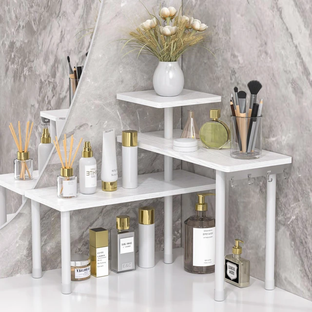 Main image of 3-Tier Bathroom Countertop Corner Shelf Organizer, White | Space-saving corner design organizes spices, skincare and toiletries on kitchen and bathroom counters.