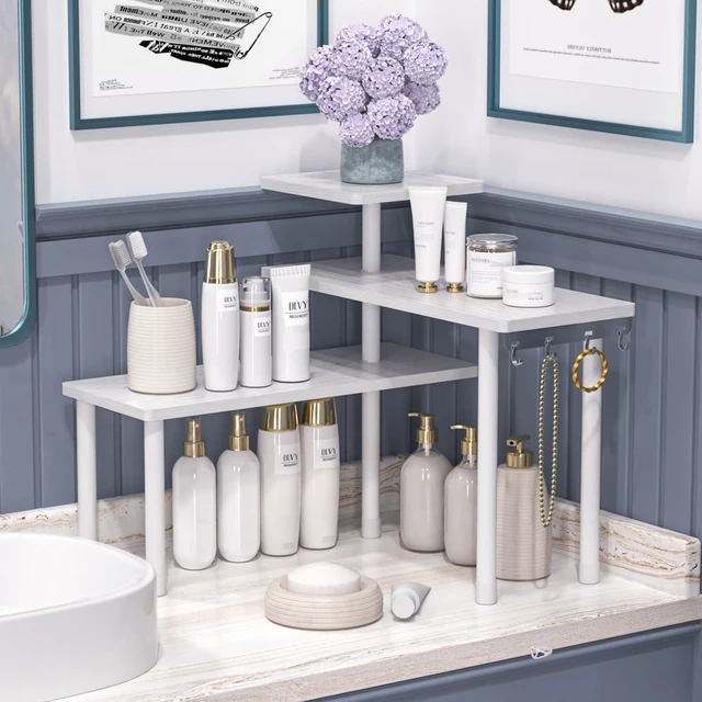 Alt view image 3 of 7 - 3-Tier Bathroom Countertop Corner Shelf Organizer, White | Space-saving corner design organizes spices, skincare and toiletries on kitchen and bathroom counters.