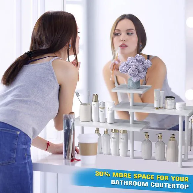 Alt view image 2 of 7 - 3-Tier Bathroom Countertop Corner Shelf Organizer, White | Space-saving corner design organizes spices, skincare and toiletries on kitchen and bathroom counters.
