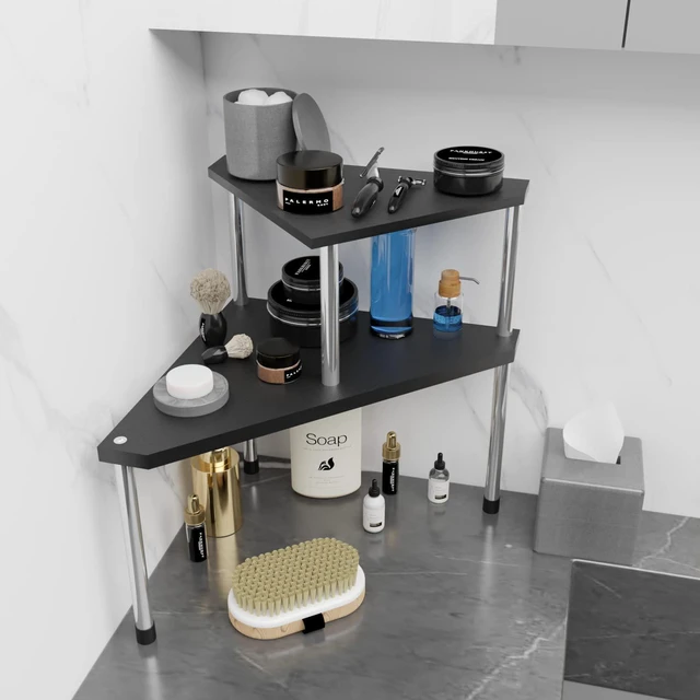 Alt view image 2 of 7 - Bathroom Counter Organizer Over Sink for Toiletries, Makeup, Kitchen Countertop Organizer Spice Rack for Salt, 2-Tier Corner Counter Shelf for Coffee Area Storage Dresser Table(Black)