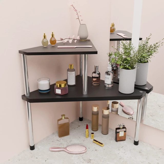 Alt view image 5 of 7 - Bathroom Counter Organizer Over Sink for Toiletries, Makeup, Kitchen Countertop Organizer Spice Rack for Salt, 2-Tier Corner Counter Shelf for Coffee Area Storage Dresser Table(Black)