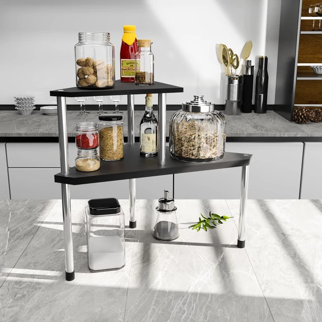 Alt view image 6 of 7 - Bathroom Counter Organizer Over Sink for Toiletries, Makeup, Kitchen Countertop Organizer Spice Rack for Salt, 2-Tier Corner Counter Shelf for Coffee Area Storage Dresser Table(Black)