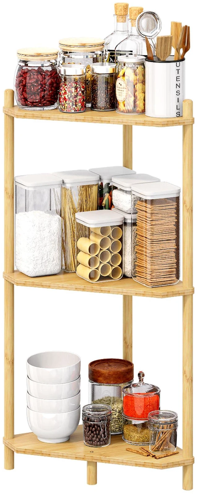 Main image of Corner Shelf Stand - 3 Tier Bamboo Small Corner Bookshelf for Office Kitchen Bedroom Plant Stand Living Room Decor Small Space (Natural3 Tier)