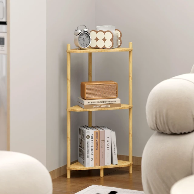 Alt view image 2 of 7 - Corner Shelf Stand - 3 Tier Bamboo Small Corner Bookshelf for Office Kitchen Bedroom Plant Stand Living Room Decor Small Space (Natural3 Tier)
