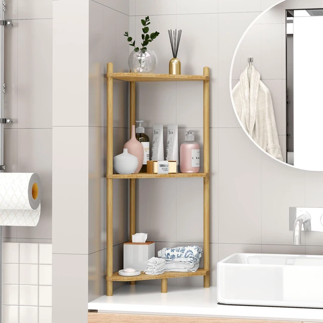 Alt view image 3 of 7 - Corner Shelf Stand - 3 Tier Bamboo Small Corner Bookshelf for Office Kitchen Bedroom Plant Stand Living Room Decor Small Space (Natural3 Tier)