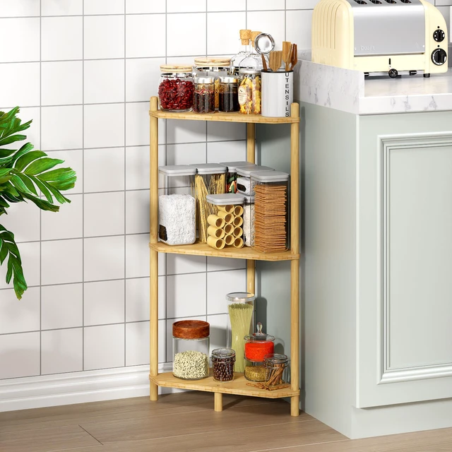 Alt view image 5 of 7 - Corner Shelf Stand - 3 Tier Bamboo Small Corner Bookshelf for Office Kitchen Bedroom Plant Stand Living Room Decor Small Space (Natural3 Tier)