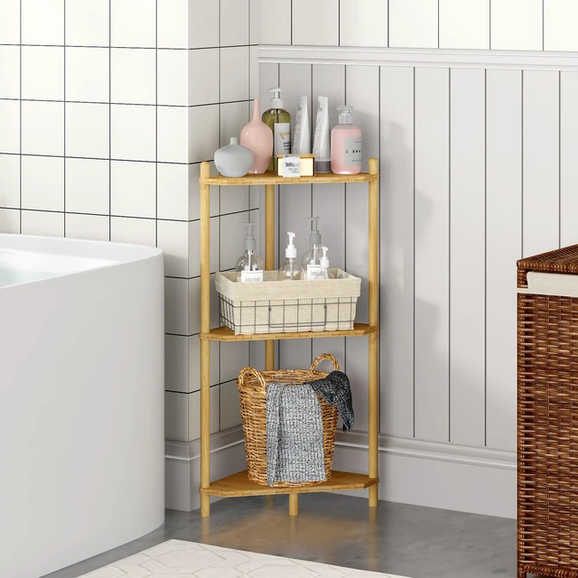 Alt view image 4 of 7 - Corner Shelf Stand - 3 Tier Bamboo Small Corner Bookshelf for Office Kitchen Bedroom Plant Stand Living Room Decor Small Space (Natural3 Tier)