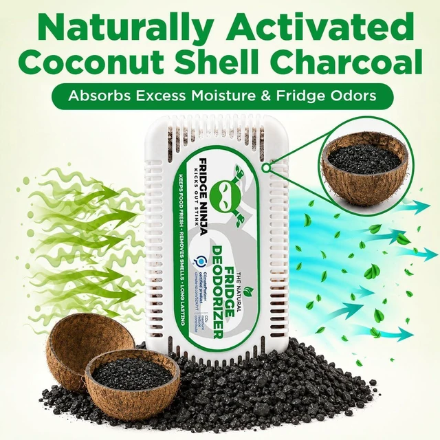 Alt view image 3 of 7 - Fridge Ninja Fridge Deodorizer, Activated Charcoal Odor Absorber, 2 Pack | Refrigerator & Freezer Odor Eliminator, 120 g Coconut Shell Charcoal, Unscented, Includes Fridge Thermometer Card
