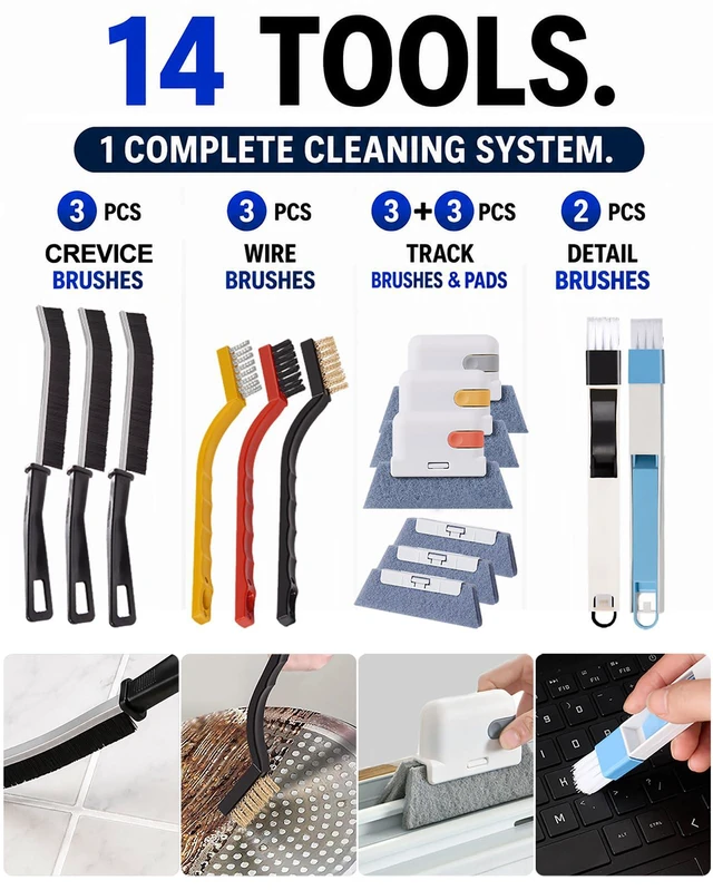 Alt view image 3 of 7 - Window Track Cleaner, 14 PCS Crevice Cleaning Brush Kit | For Window Groove, Blinds, Vents, Baseboard, Grout and Shower Door Track Cleaning