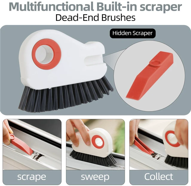 Alt view image 3 of 7 - 2 in 1 Groove Cleaning Brush, Grout Cleaner Tool & Multifunction Window Track Cleaner (with Hidden Scraper or Mini Dustpan) for Glass Door Tracks, Window Sills, Sliding Doors (Orange)