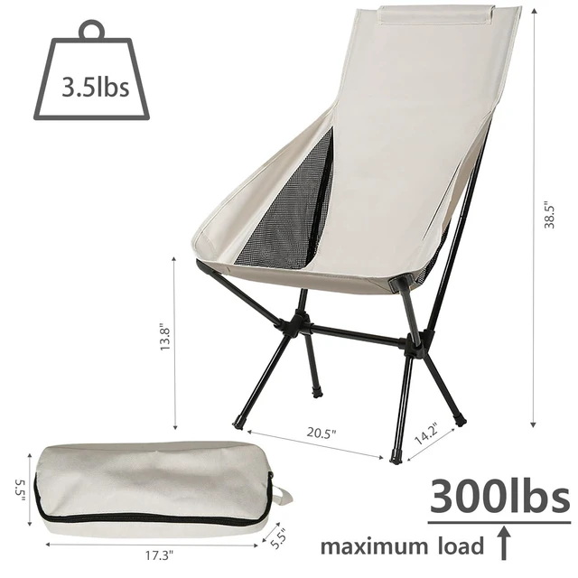 Alt view image 2 of 5 - Portable Camping Chair Foldable Outdoor Chair for Hiking Camp Backpacking Lawn Beach Fishing Picnic with Carry Bag (High-Back | White)