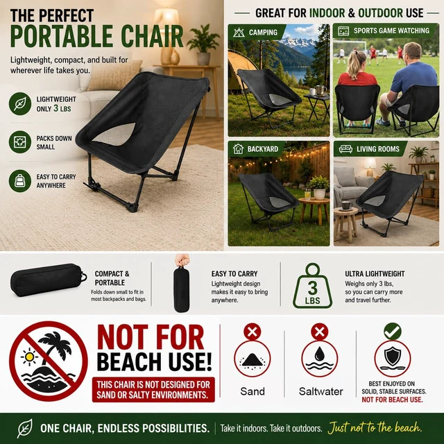 Alt view image 2 of 7 - Portable Camping Chair for Young Adults and Teens, Holds 220 LB, Lightweight & Compact Foldable Camp Chair for Backpacking Travel, Outdoor Folding Chair for Sports, Fishing, Lawn & Concert