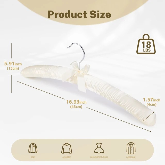 Alt view image 3 of 7 - 17 Inch Satin Padded Hangers, 6 Pack Silk Clothes Hangers - Beige | Anti-Slip Foam Padding Hangers with Swivel Hooks, No Shoulder Bump for Wedding Dress, Sweaters, Coats and Delicate Cashmere