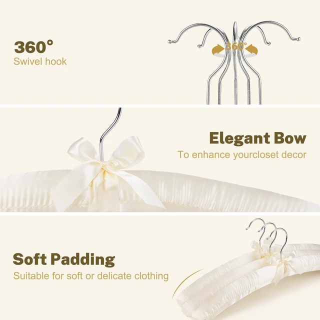 Alt view image 5 of 7 - 17 Inch Satin Padded Hangers, 6 Pack Silk Clothes Hangers - Beige | Anti-Slip Foam Padding Hangers with Swivel Hooks, No Shoulder Bump for Wedding Dress, Sweaters, Coats and Delicate Cashmere