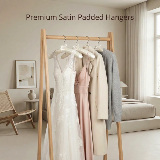 Alt view image 7 of 7 - 17 Inch Satin Padded Hangers, 6 Pack Silk Clothes Hangers - Beige | Anti-Slip Foam Padding Hangers with Swivel Hooks, No Shoulder Bump for Wedding Dress, Sweaters, Coats and Delicate Cashmere