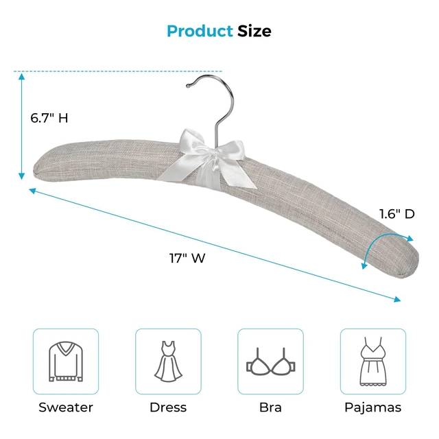 Alt view image 4 of 7 - Padded Hangers - 17 Inch Extra Large Heavy Duty Linen Covered Coat Hangers No Shoulder Bump for Women Clothes, Sweaters, Dresses, Clothing, Weddings, Lingerie Pack of 10, Linen Gray