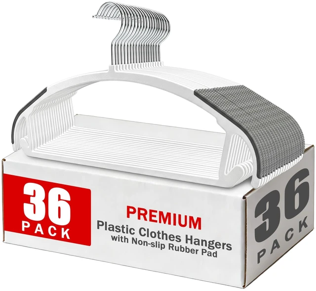 Main image of 36 Pack Non-Slip Plastic Clothes Hangers with Rubber Pad for Coats | Plastic material, slim profile, 360° swivel metal hook, heavy duty, Closet/laundry use, for Coat, Suit, Shirt, Pant, Dress
