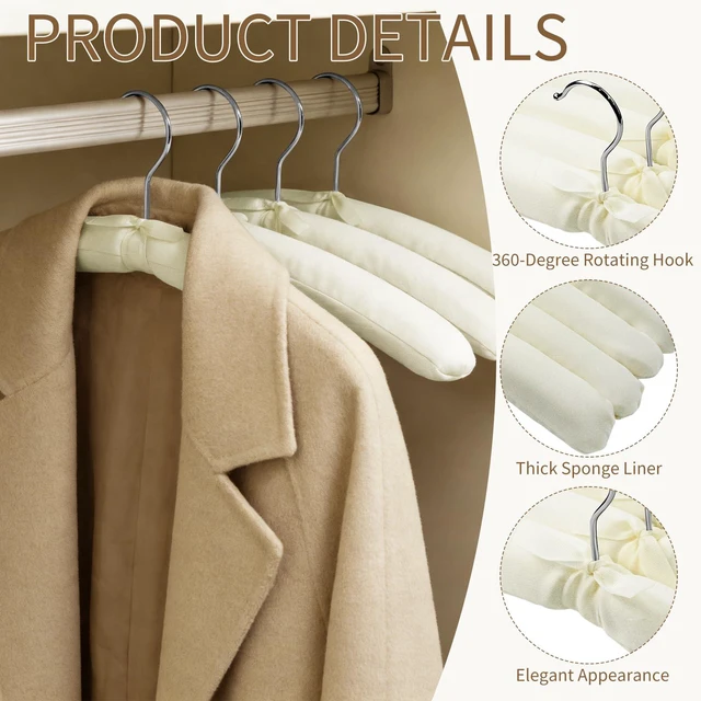 Alt view image 3 of 7 - 10 Pack Anti-Slip Padded Hangers, 17 Inch | Beige Cushioned Hangers with Sponge Shoulder Pads for Coat, Sweater and Wedding Dress