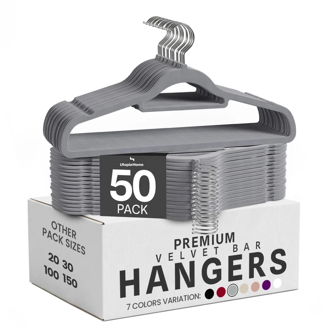 Main image of Velvet Hangers 50 Pack Premium Hangers with Tie Bar - Grey | Non-Slip Slim Clothes & Coat Hangers with Tie Bar, Space-Saving Heavy Duty Design, 360° Swivel Hook