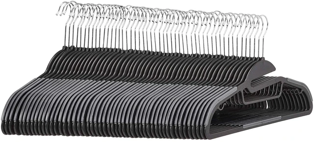 Main image of Non-slip Heavy Duty Space Saving Plastic Hangers with Rubber and Horizontal Bar, Lightweight, Gray, Pack of 50