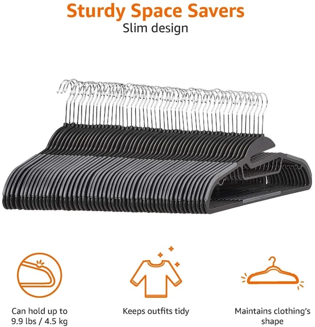 Alt view image 3 of 6 - Non-slip Heavy Duty Space Saving Plastic Hangers with Rubber and Horizontal Bar, Lightweight, Gray, Pack of 50