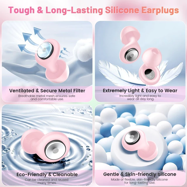 Alt view image 6 of 7 - Earplugs for Hearing Protection and Noise Reduction, Sleeping Noise Cancelling, 30dB Soft Silicone Hearing Protection Earplugs, Reusable with Case & 8Eartips for Deep Focus, Light Pink