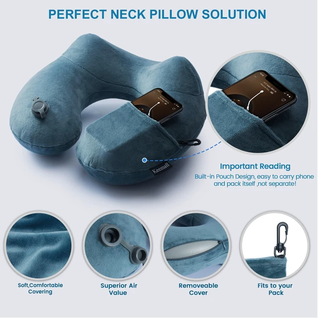 Alt view image 4 of 7 - Inflatable Travel Neck Pillow, Cervical Support for Airplane & Car | Upgraded Ergonomic Blow-Up Cushion with Washable Cover, Relieves Neck Pain for Office Naps, Car Trips & Long Flights, Grey