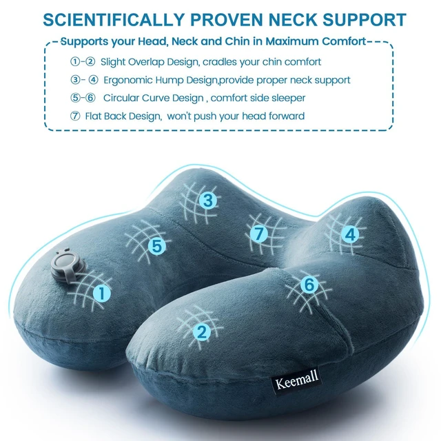 Alt view image 5 of 7 - Inflatable Travel Neck Pillow, Cervical Support for Airplane & Car | Upgraded Ergonomic Blow-Up Cushion with Washable Cover, Relieves Neck Pain for Office Naps, Car Trips & Long Flights, Grey