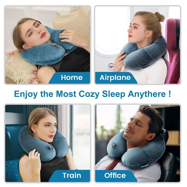 Alt view image 6 of 7 - Inflatable Travel Neck Pillow, Cervical Support for Airplane & Car | Upgraded Ergonomic Blow-Up Cushion with Washable Cover, Relieves Neck Pain for Office Naps, Car Trips & Long Flights, Grey