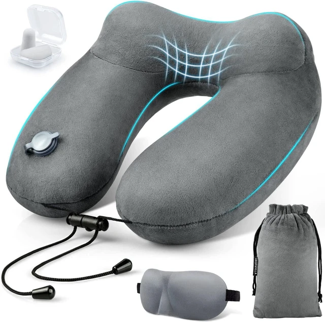 Main image of Inflatable Travel Neck Pillow for Airplanes, Super Soft Velvet Neck Support, Adjustable Firmness, Blow Up Plane Pillow for Long Flights, Road Trips, Travel Essentials with Eye Mask, Earplug