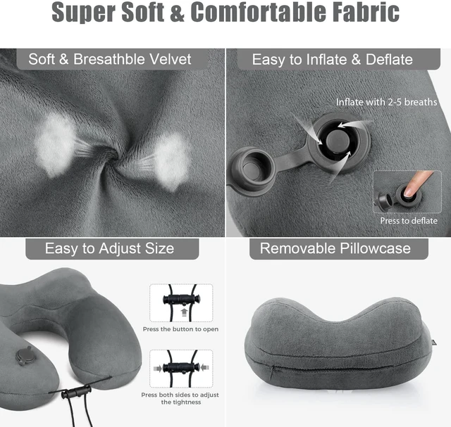 Alt view image 4 of 6 - Inflatable Travel Neck Pillow for Airplanes, Super Soft Velvet Neck Support, Adjustable Firmness, Blow Up Plane Pillow for Long Flights, Road Trips, Travel Essentials with Eye Mask, Earplug