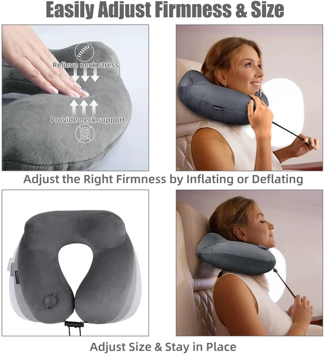 Alt view image 5 of 6 - Inflatable Travel Neck Pillow for Airplanes, Super Soft Velvet Neck Support, Adjustable Firmness, Blow Up Plane Pillow for Long Flights, Road Trips, Travel Essentials with Eye Mask, Earplug