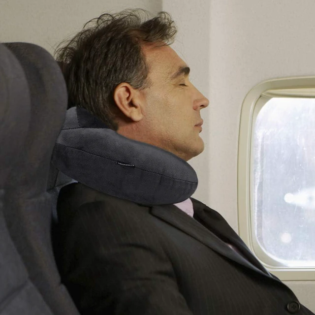 Alt view image 6 of 6 - Inflatable Travel Pillow, Soft Velvet Inflatable Neck Pillow for Traveling, Airplanes, Train, Car, Office with Compact Bag, Breathable Washable Cover, Suit for Adults Sleeping - Grey