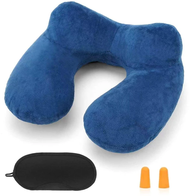 Main image of Inflatable Travel Pillow for Airplane Inflatable Neck Pillow for Traveling with Soft Velvet Washable Cover for Sleeping, Airplane,Train, Car, Office, Contoured Eye Masks, Earplugs