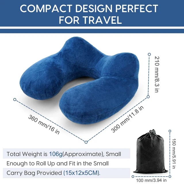 Alt view image 6 of 6 - Inflatable Travel Pillow for Airplane Inflatable Neck Pillow for Traveling with Soft Velvet Washable Cover for Sleeping, Airplane,Train, Car, Office, Contoured Eye Masks, Earplugs