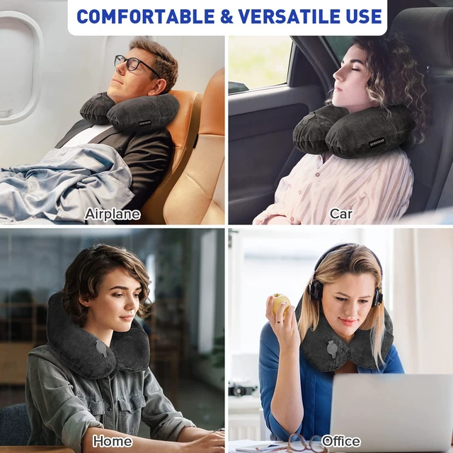 Alt view image 3 of 7 - Inflatable Travel Pillow, Inflatable Neck Pillow for Traveling Airplane, Travel Pillow with Soft Velour Washable Cover, U Shape Blow Up Neck Pillow for Airplanes Train Car Travel