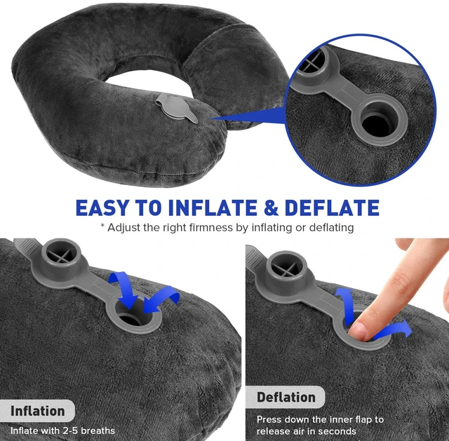 Alt view image 5 of 7 - Inflatable Travel Pillow, Inflatable Neck Pillow for Traveling Airplane, Travel Pillow with Soft Velour Washable Cover, U Shape Blow Up Neck Pillow for Airplanes Train Car Travel