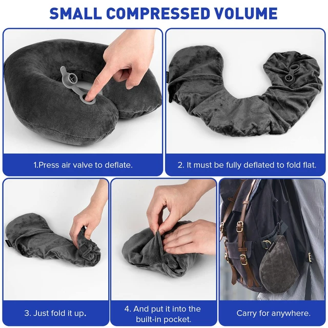 Alt view image 6 of 7 - Inflatable Travel Pillow, Inflatable Neck Pillow for Traveling Airplane, Travel Pillow with Soft Velour Washable Cover, U Shape Blow Up Neck Pillow for Airplanes Train Car Travel