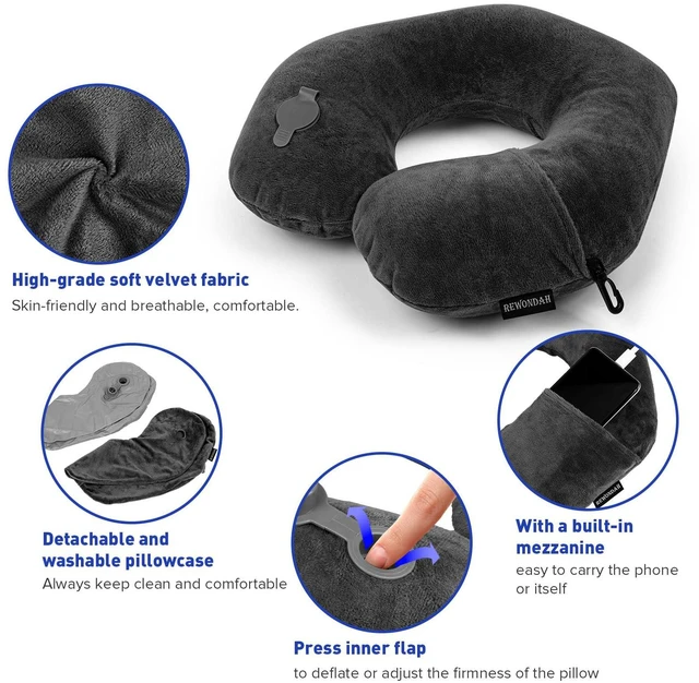 Alt view image 4 of 7 - Inflatable Travel Pillow, Inflatable Neck Pillow for Traveling Airplane, Travel Pillow with Soft Velour Washable Cover, U Shape Blow Up Neck Pillow for Airplanes Train Car Travel
