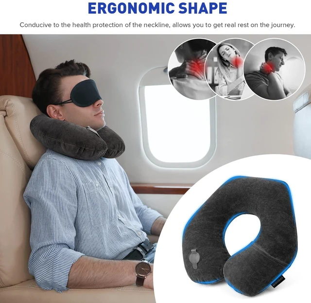 Alt view image 2 of 7 - Inflatable Travel Pillow, Inflatable Neck Pillow for Traveling Airplane, Travel Pillow with Soft Velour Washable Cover, U Shape Blow Up Neck Pillow for Airplanes Train Car Travel