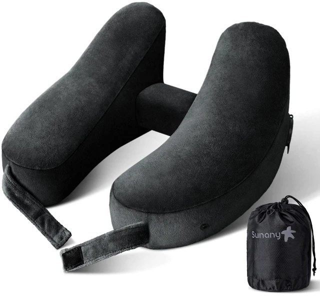 Main image of Travel Neck Pillow for Airplane Pillow Comfortably Supports Head, Neck and Chin, Inflatable Travel Pillow with Soft Velour Cover and Portable Drawstring Bag (Black, H-Shape)