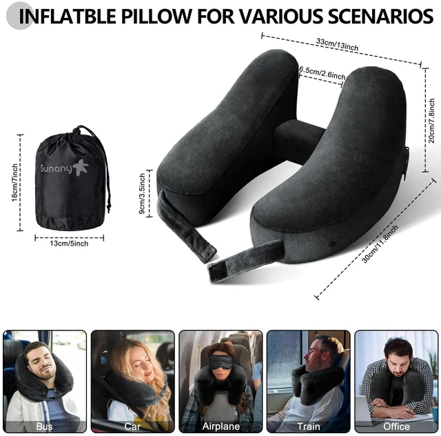 Alt view image 2 of 5 - Travel Neck Pillow for Airplane Pillow Comfortably Supports Head, Neck and Chin, Inflatable Travel Pillow with Soft Velour Cover and Portable Drawstring Bag (Black, H-Shape)