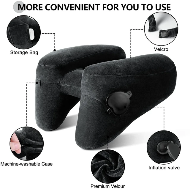 Alt view image 3 of 5 - Travel Neck Pillow for Airplane Pillow Comfortably Supports Head, Neck and Chin, Inflatable Travel Pillow with Soft Velour Cover and Portable Drawstring Bag (Black, H-Shape)