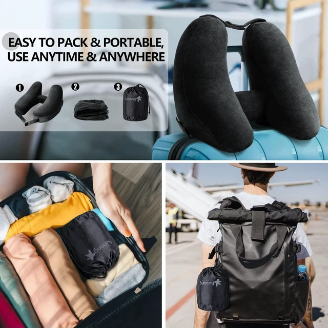 Alt view image 5 of 5 - Travel Neck Pillow for Airplane Pillow Comfortably Supports Head, Neck and Chin, Inflatable Travel Pillow with Soft Velour Cover and Portable Drawstring Bag (Black, H-Shape)